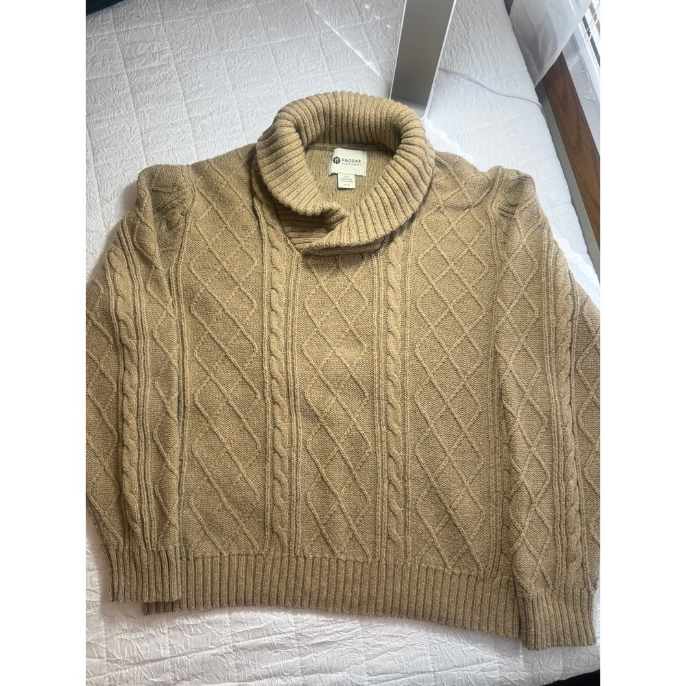 Haggar Mens Tan Cable Knit Shawl Collar Pullover Sweater Large WPL 386